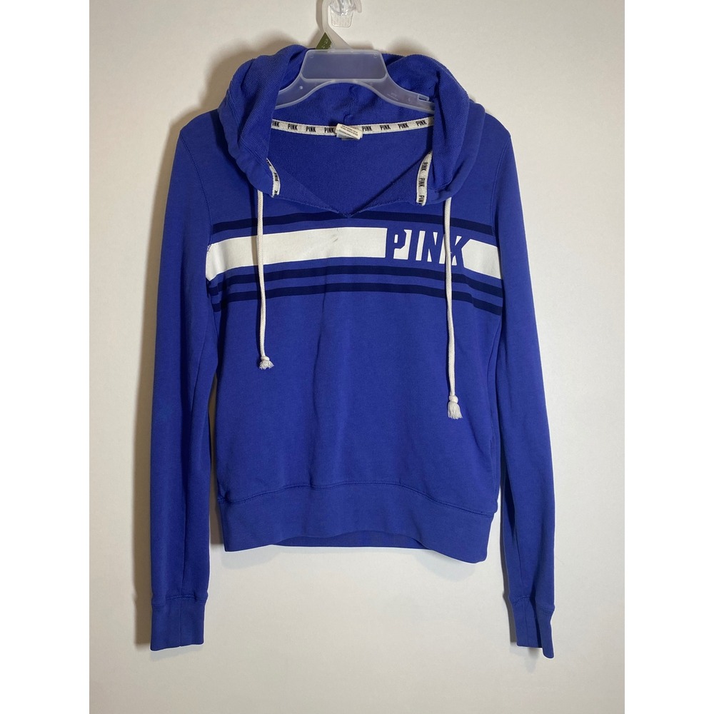 Pink Victoria's Secret Hoodie Royal Blue Striped Pullover Sweatshirt Women XS